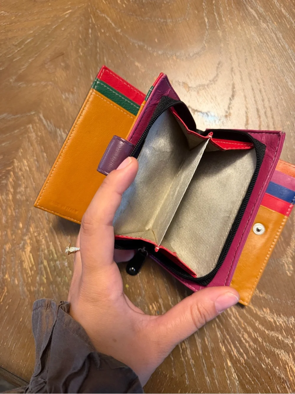 Colorblock Leather Card Wallet in Mustard, Red, Green, Blue & Purple